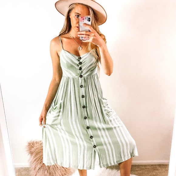 Sea foam Stripe Button Down Retro Dress - Picture 3 of 7